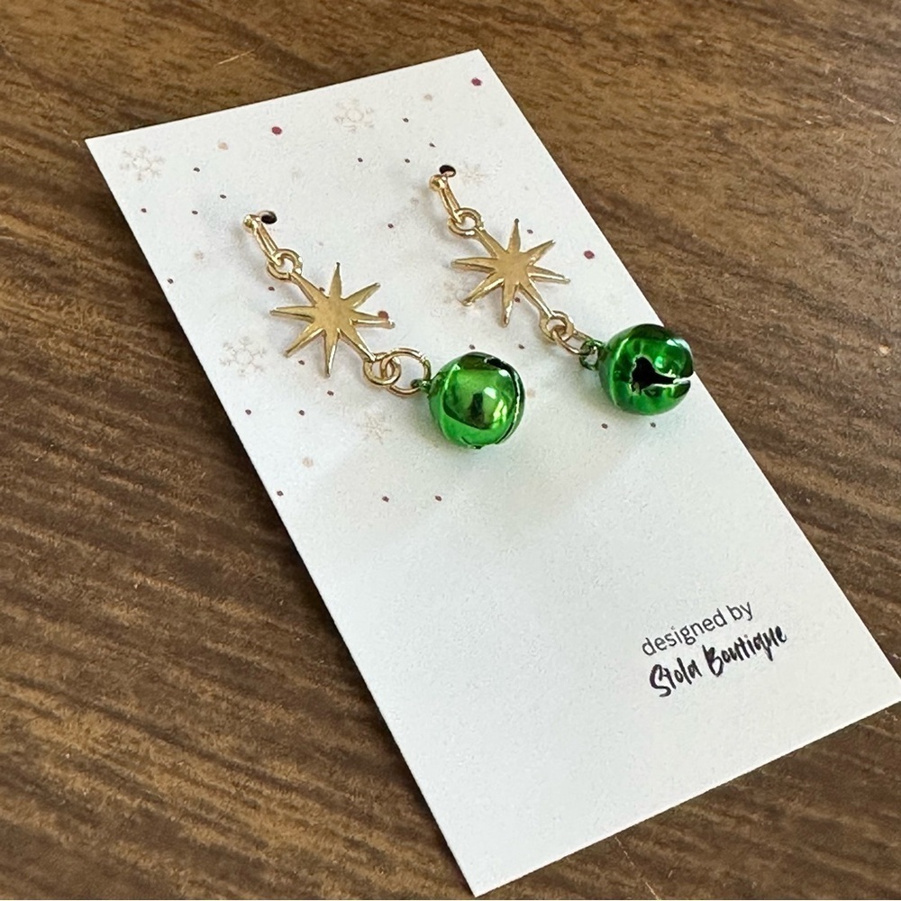 Gold and Green Star Drop Earrings by